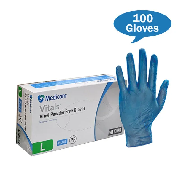 Medicom Vitals Vinyl Gloves Blue Powder Free
