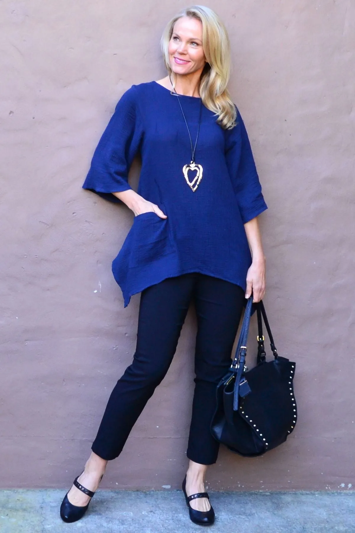 Navy Blue Cotton Pocket Tunic Top