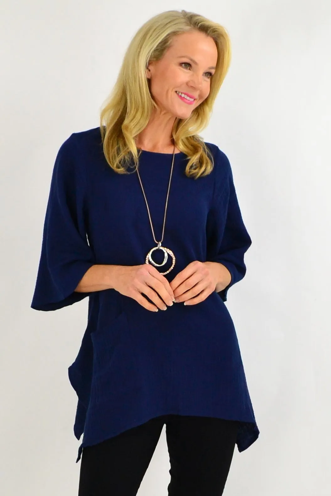 Navy Blue Cotton Pocket Tunic Top