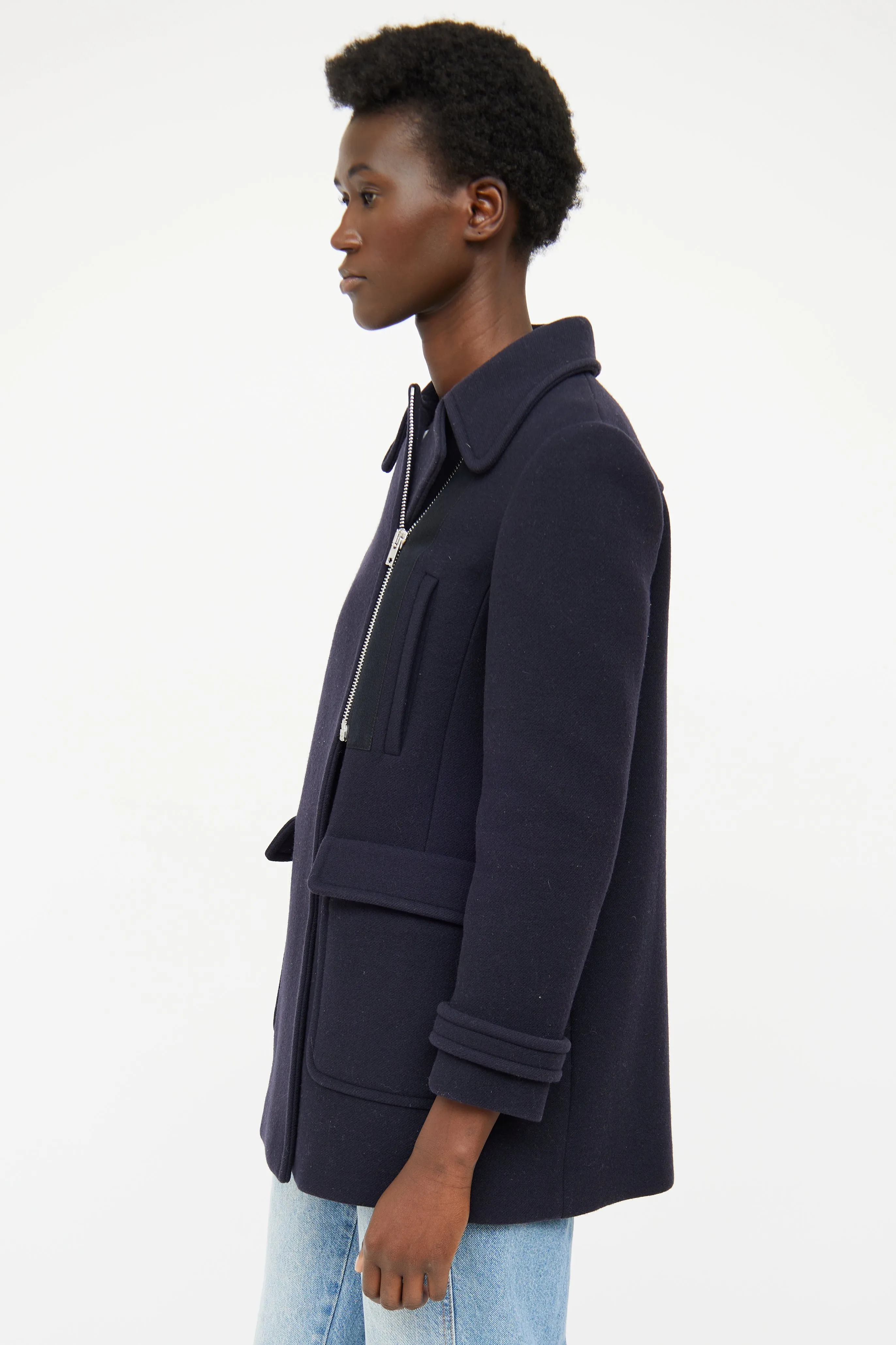 Navy Wool Pleated Pea Coat