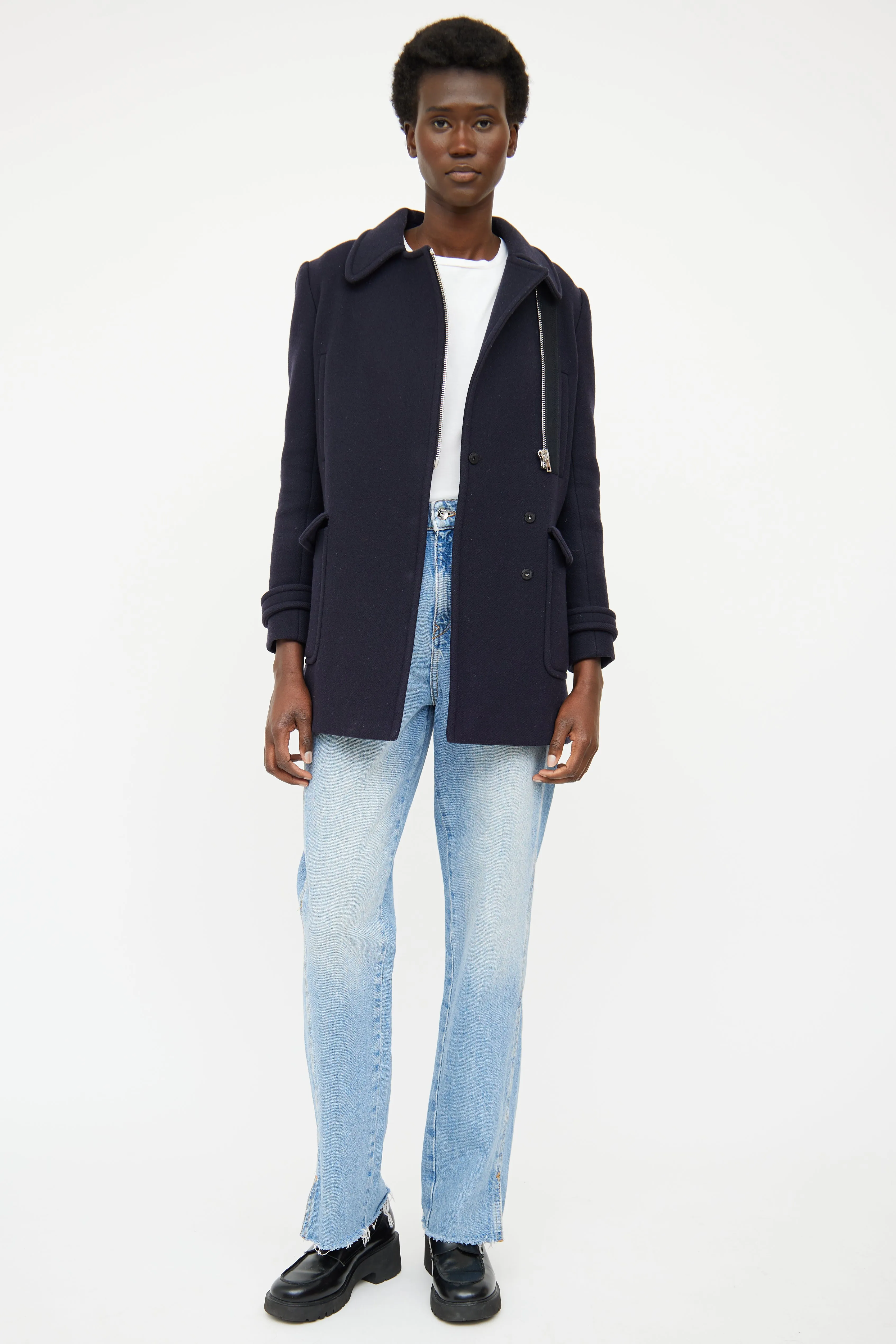 Navy Wool Pleated Pea Coat