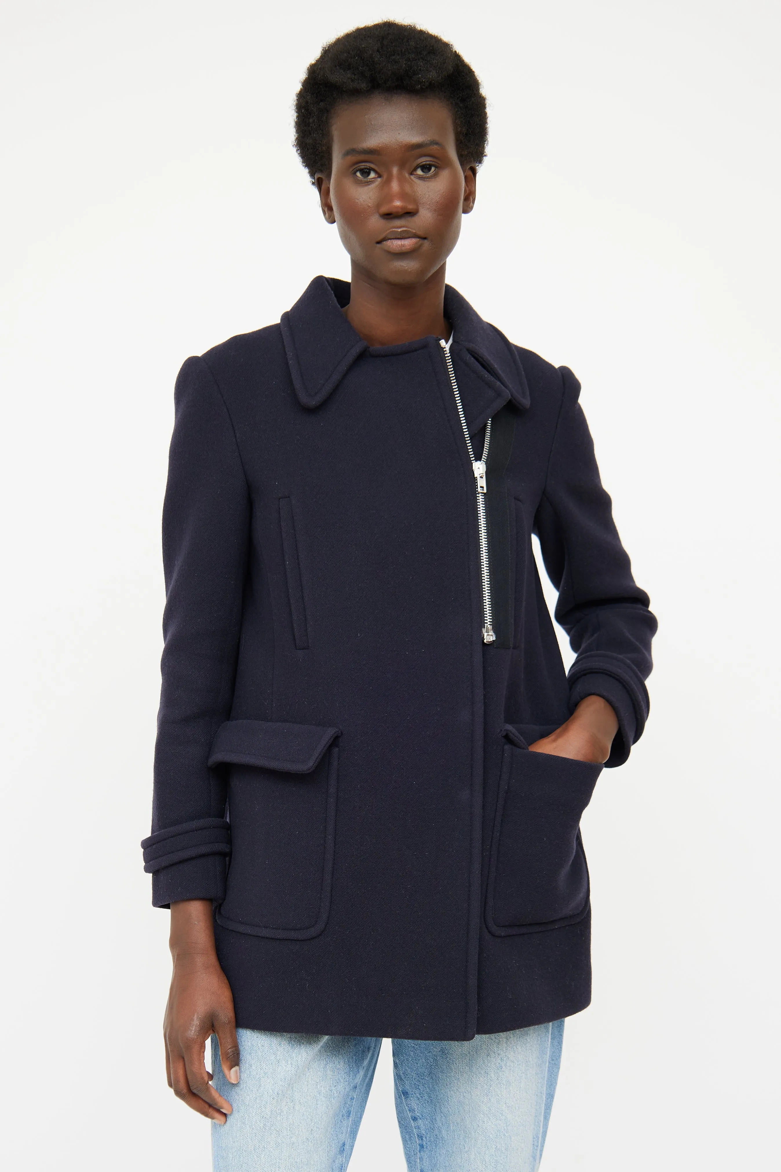 Navy Wool Pleated Pea Coat