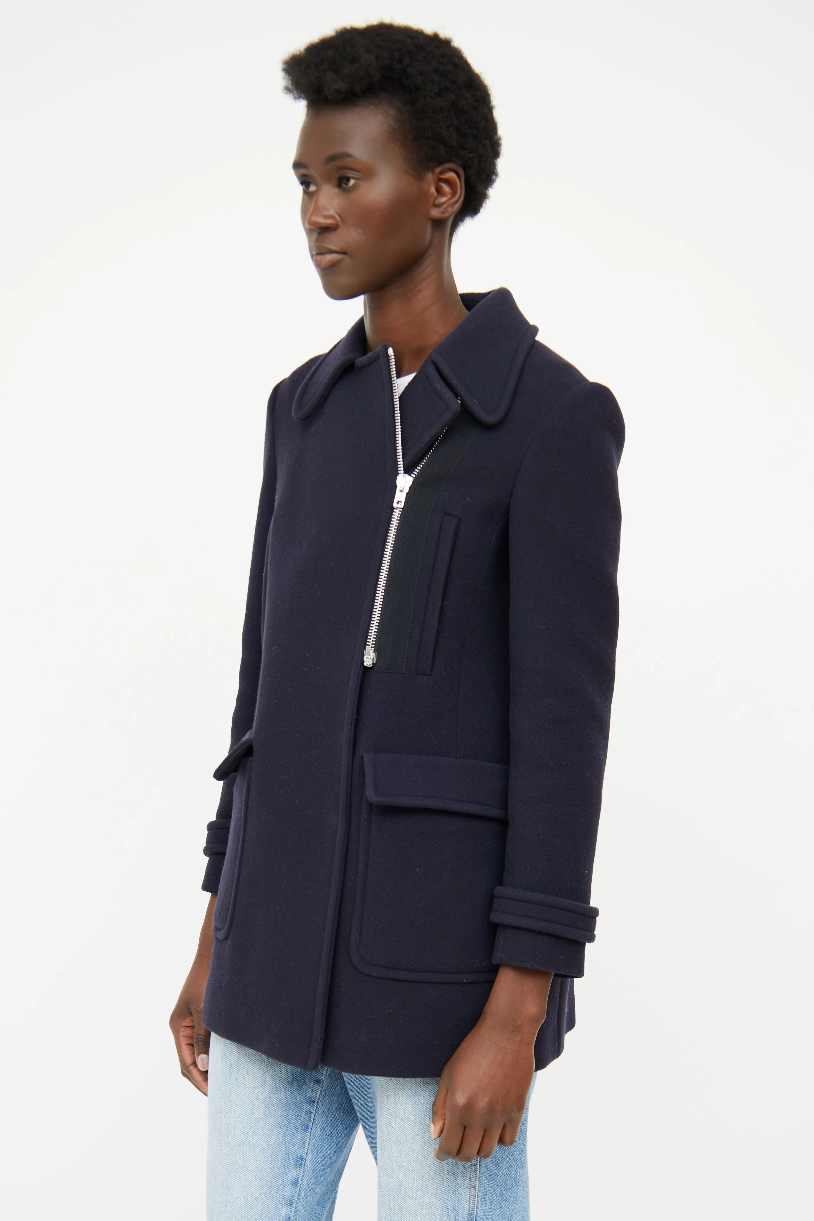 Navy Wool Pleated Pea Coat
