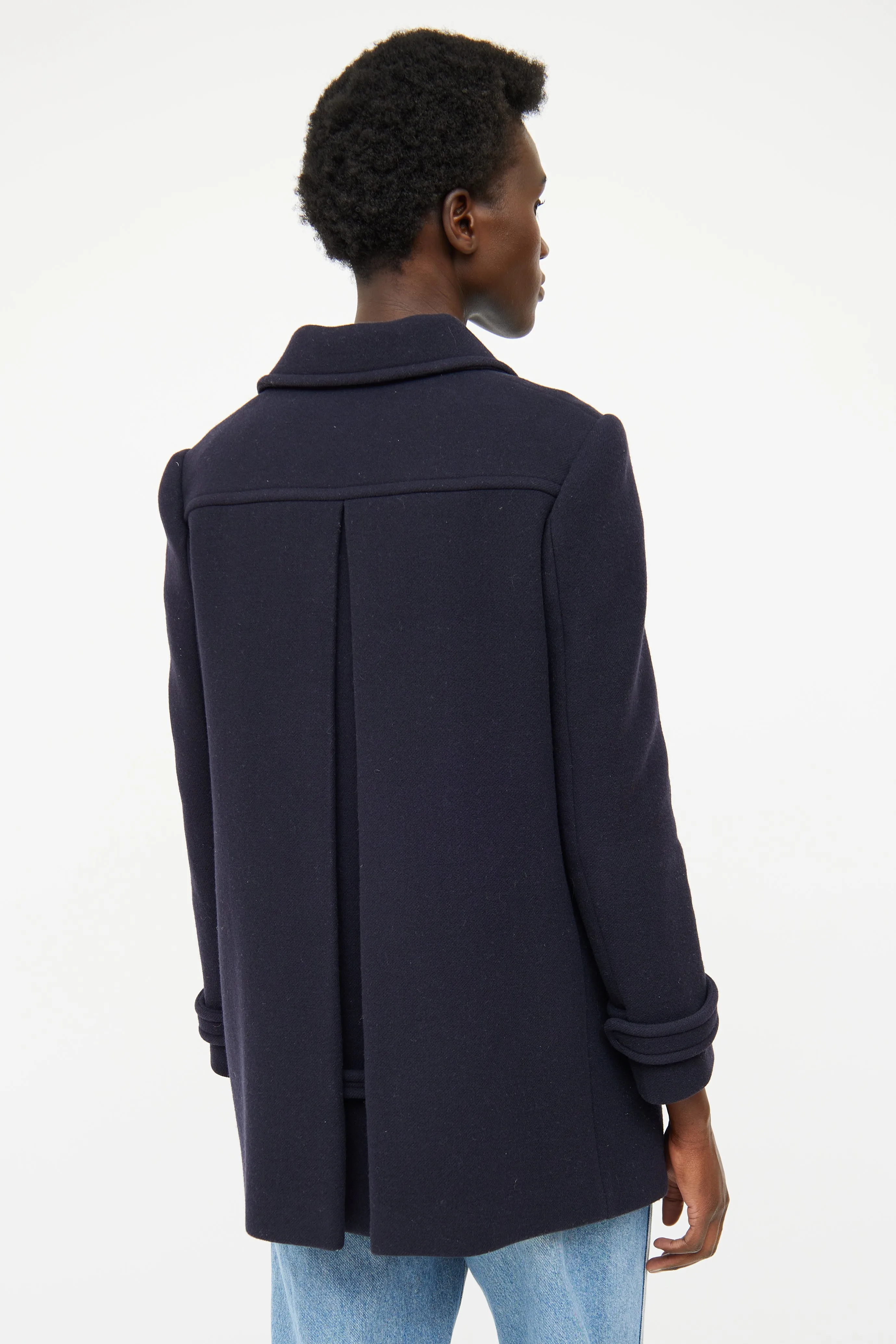 Navy Wool Pleated Pea Coat