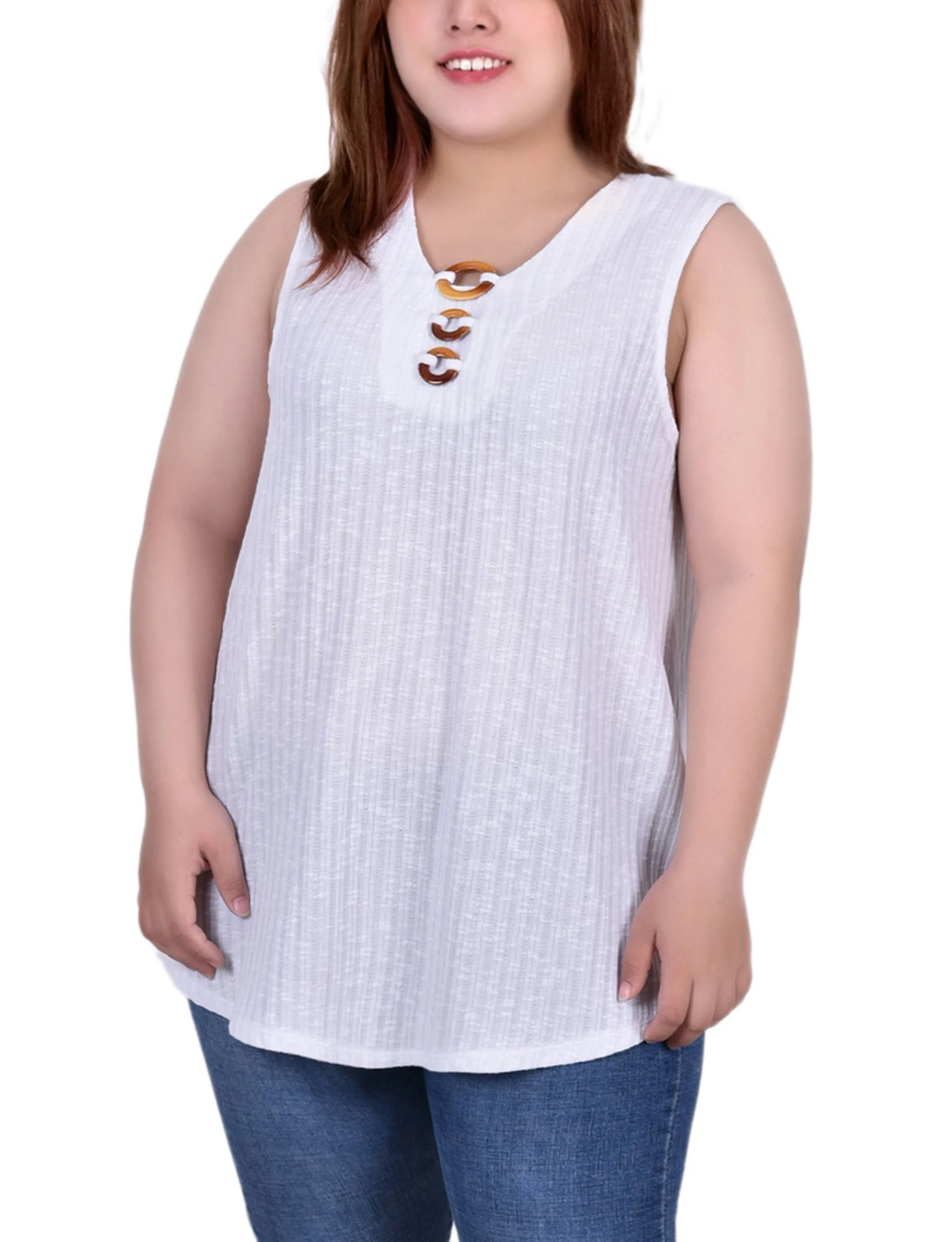 Plus Size Sleeveless Ribbed Top With Triple Rings