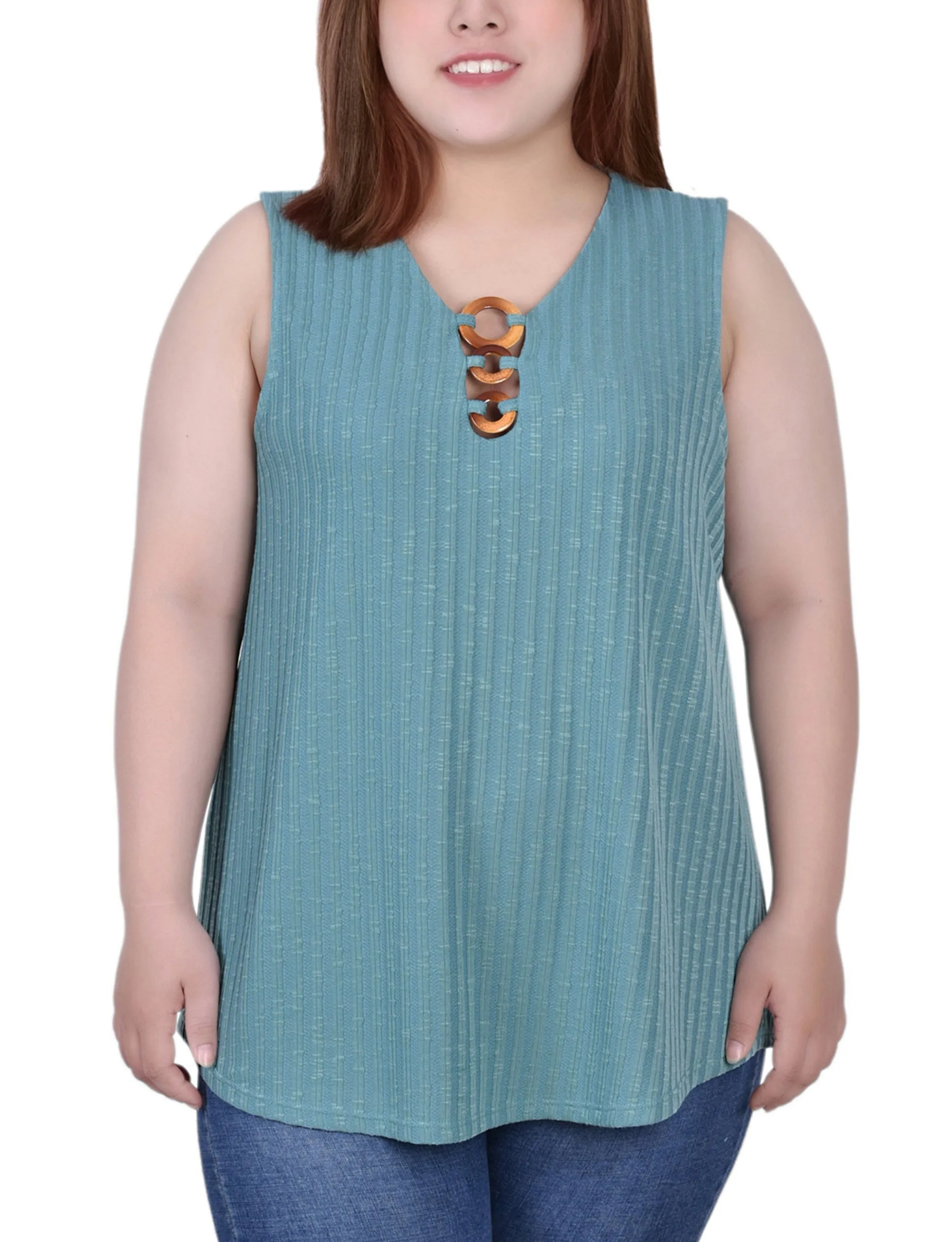 Plus Size Sleeveless Ribbed Top With Triple Rings