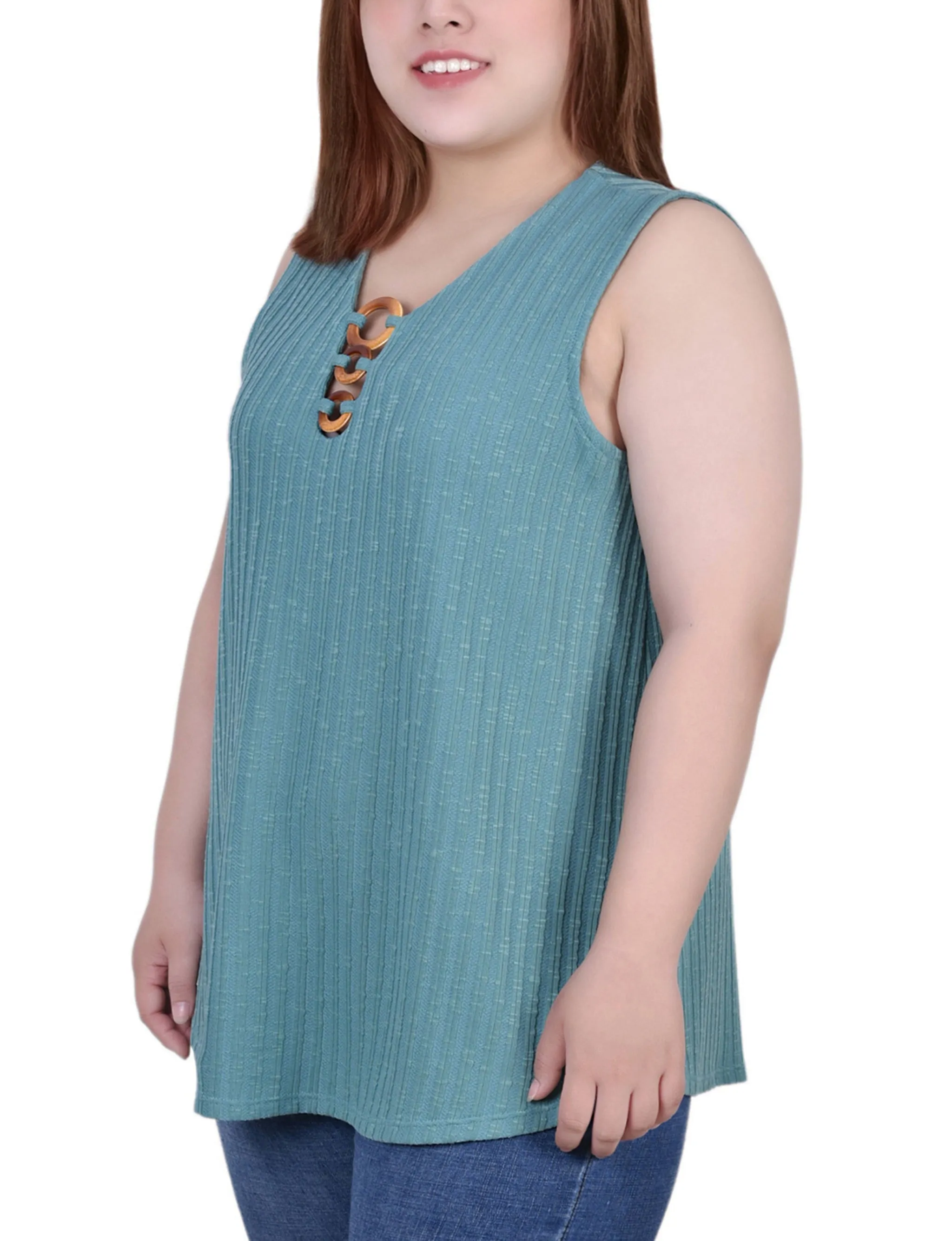 Plus Size Sleeveless Ribbed Top With Triple Rings