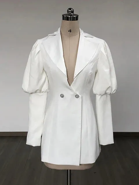 Pre Order: Spliced Button V-Neck Puff Sleeve Tunic Dress
