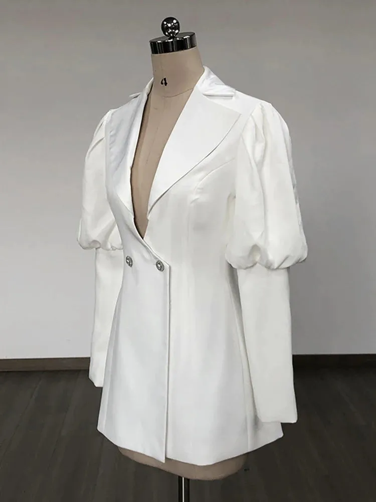 Pre Order: Spliced Button V-Neck Puff Sleeve Tunic Dress