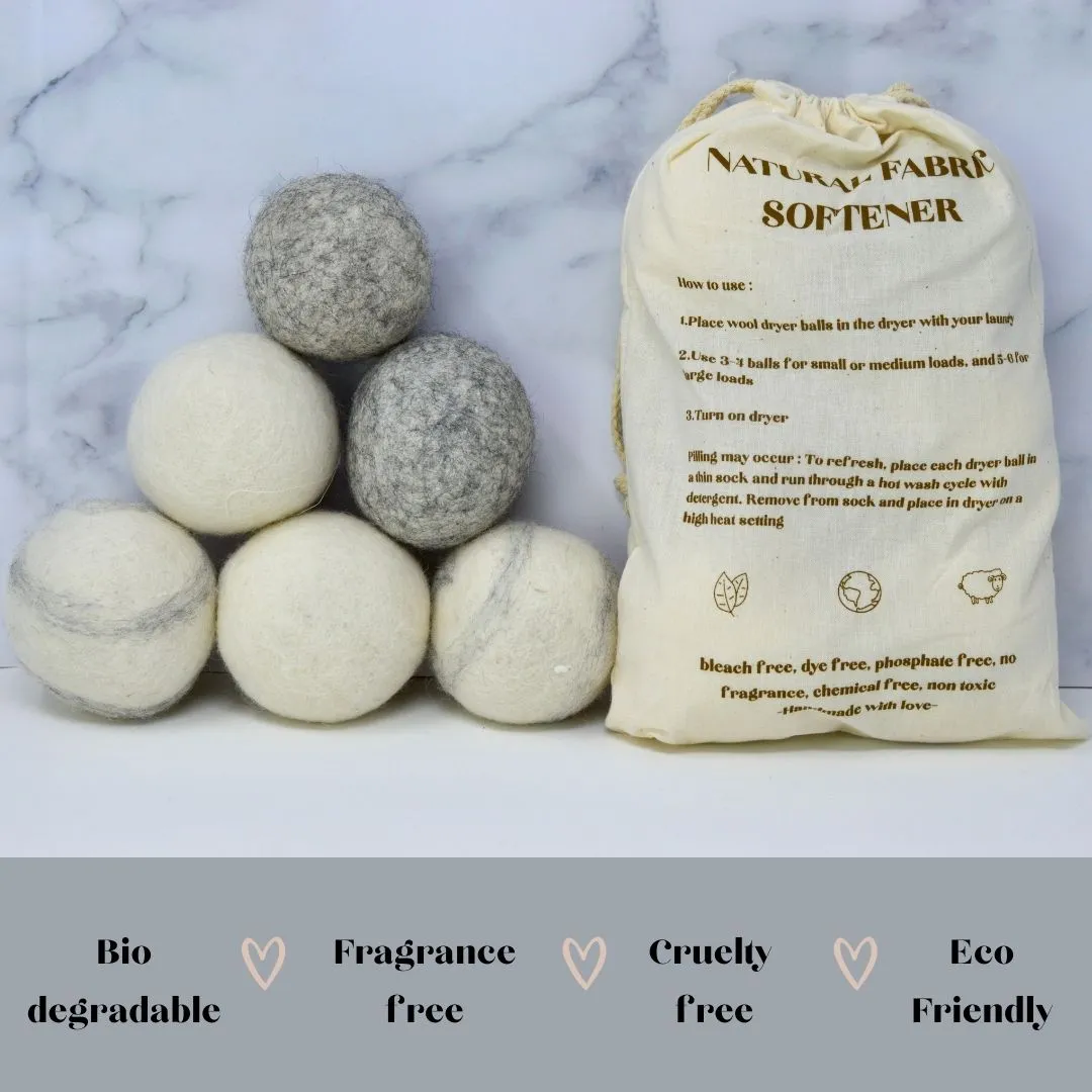 Reusable Wool Eco Dryer Balls-Set of 6- Hand felted 100% wool sheep