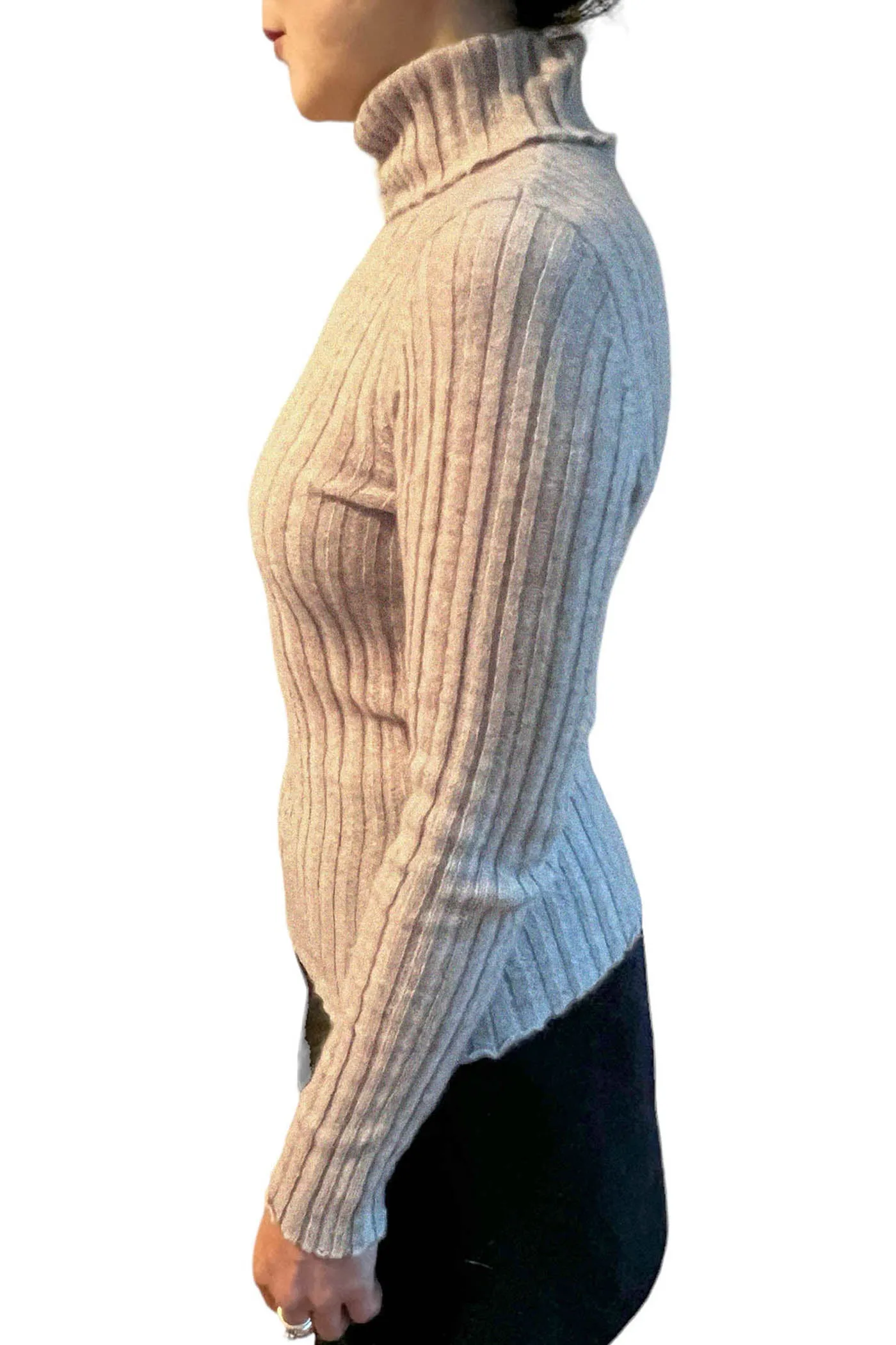 Roll neck oatmeal cashmere jumper - Ribbed