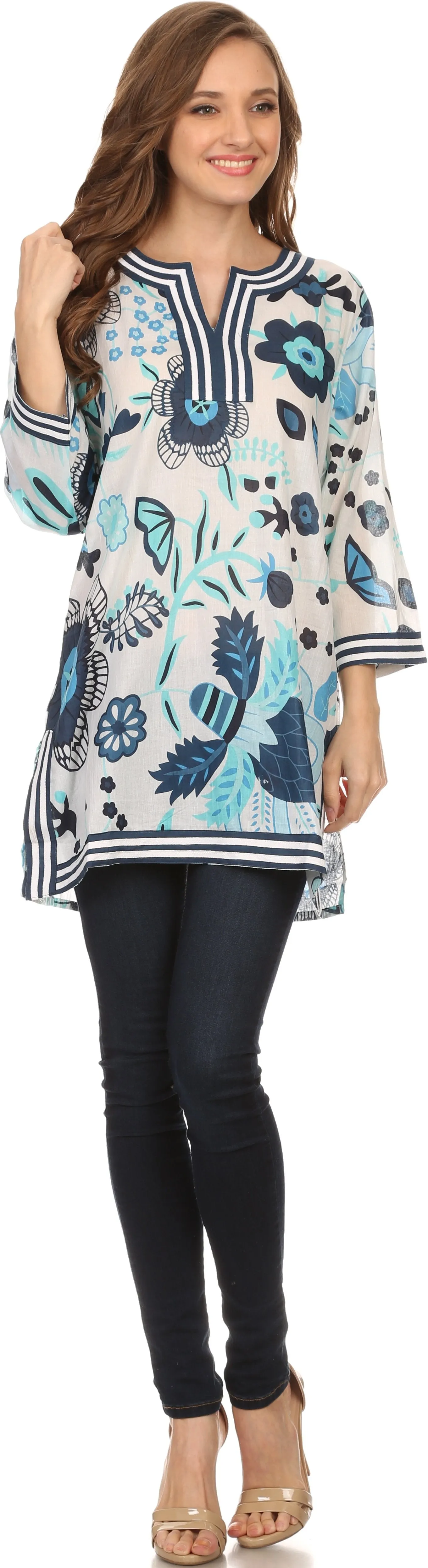 Sakkas Abril Long Sleeve Cotton Tunic Blouse Top With Printed Floral Pattern