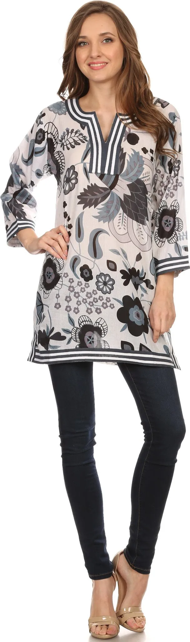 Sakkas Abril Long Sleeve Cotton Tunic Blouse Top With Printed Floral Pattern