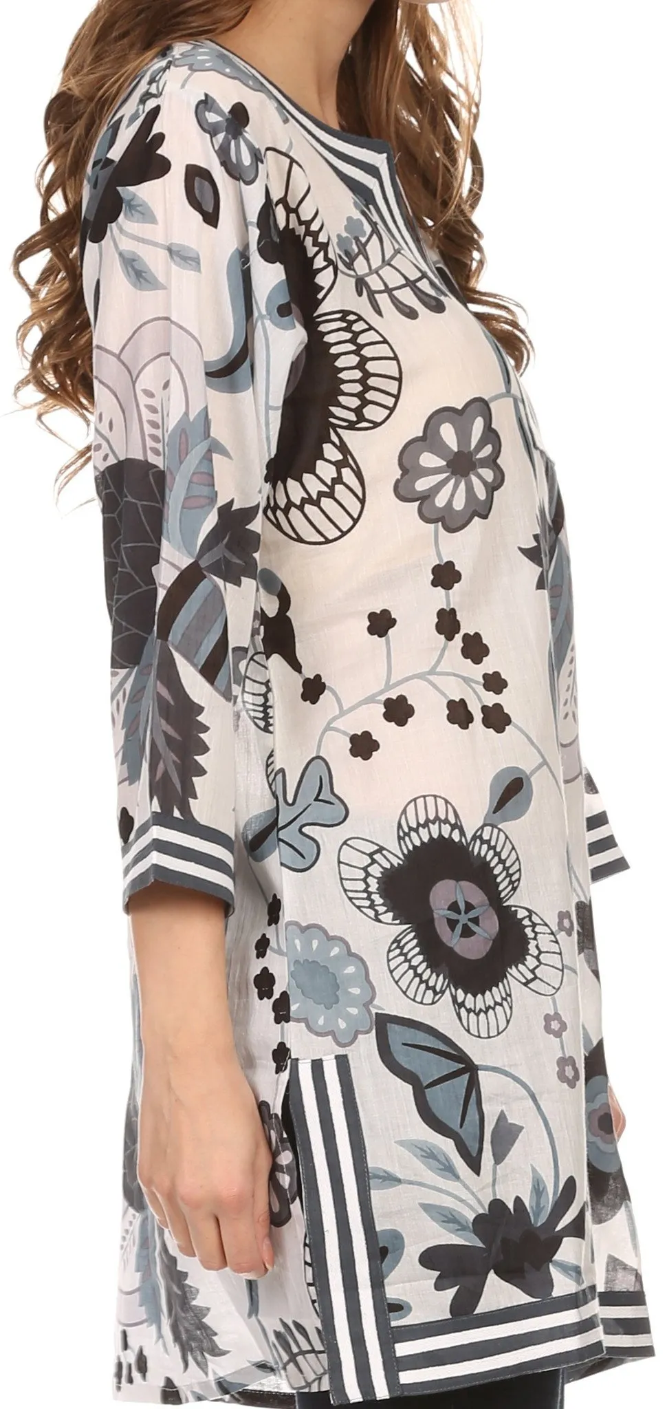 Sakkas Abril Long Sleeve Cotton Tunic Blouse Top With Printed Floral Pattern