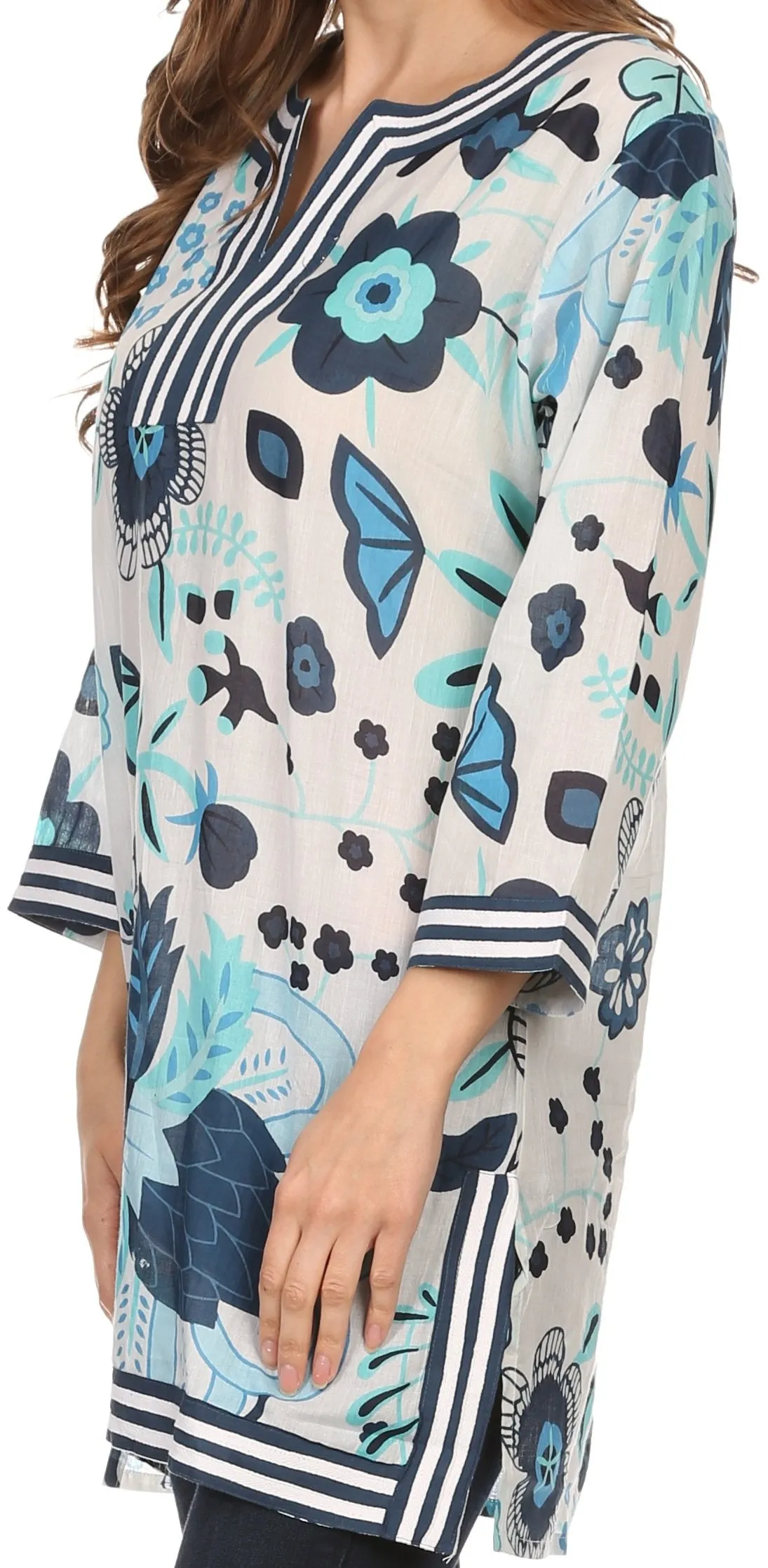 Sakkas Abril Long Sleeve Cotton Tunic Blouse Top With Printed Floral Pattern