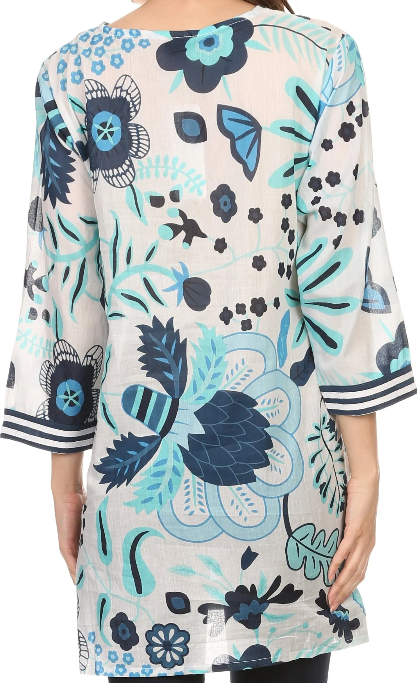 Sakkas Abril Long Sleeve Cotton Tunic Blouse Top With Printed Floral Pattern