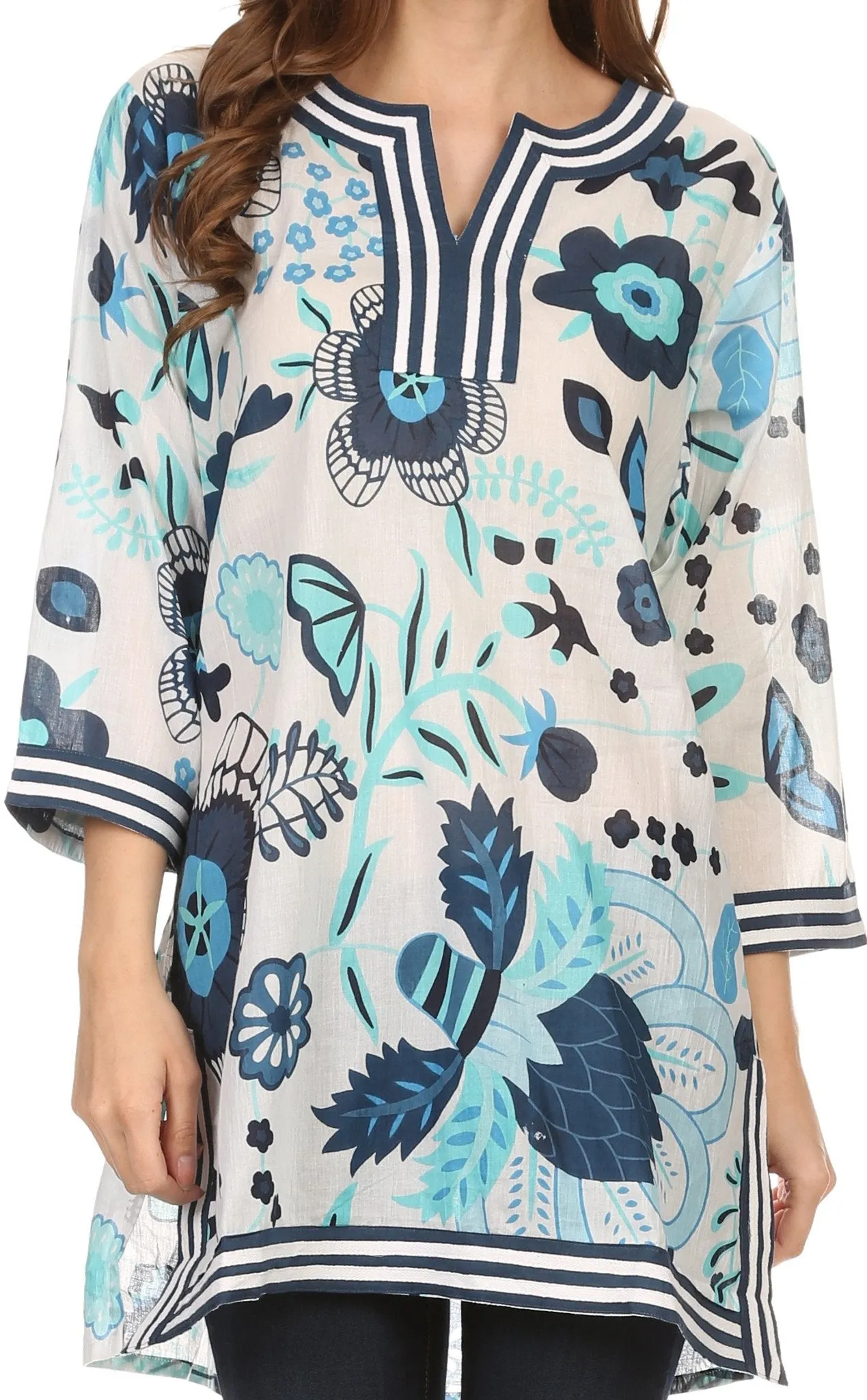 Sakkas Abril Long Sleeve Cotton Tunic Blouse Top With Printed Floral Pattern