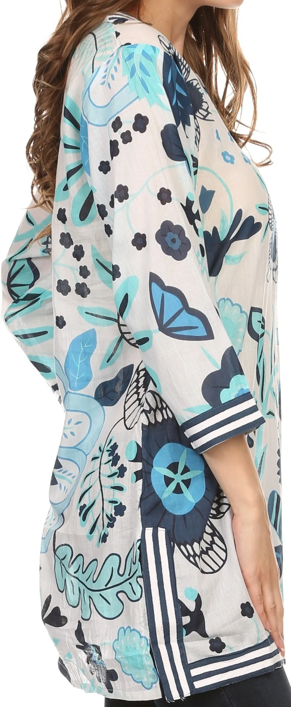 Sakkas Abril Long Sleeve Cotton Tunic Blouse Top With Printed Floral Pattern