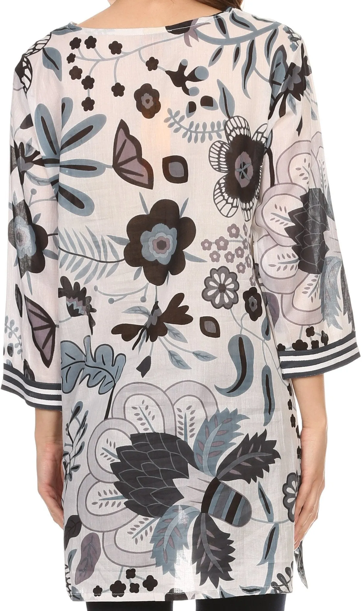 Sakkas Abril Long Sleeve Cotton Tunic Blouse Top With Printed Floral Pattern