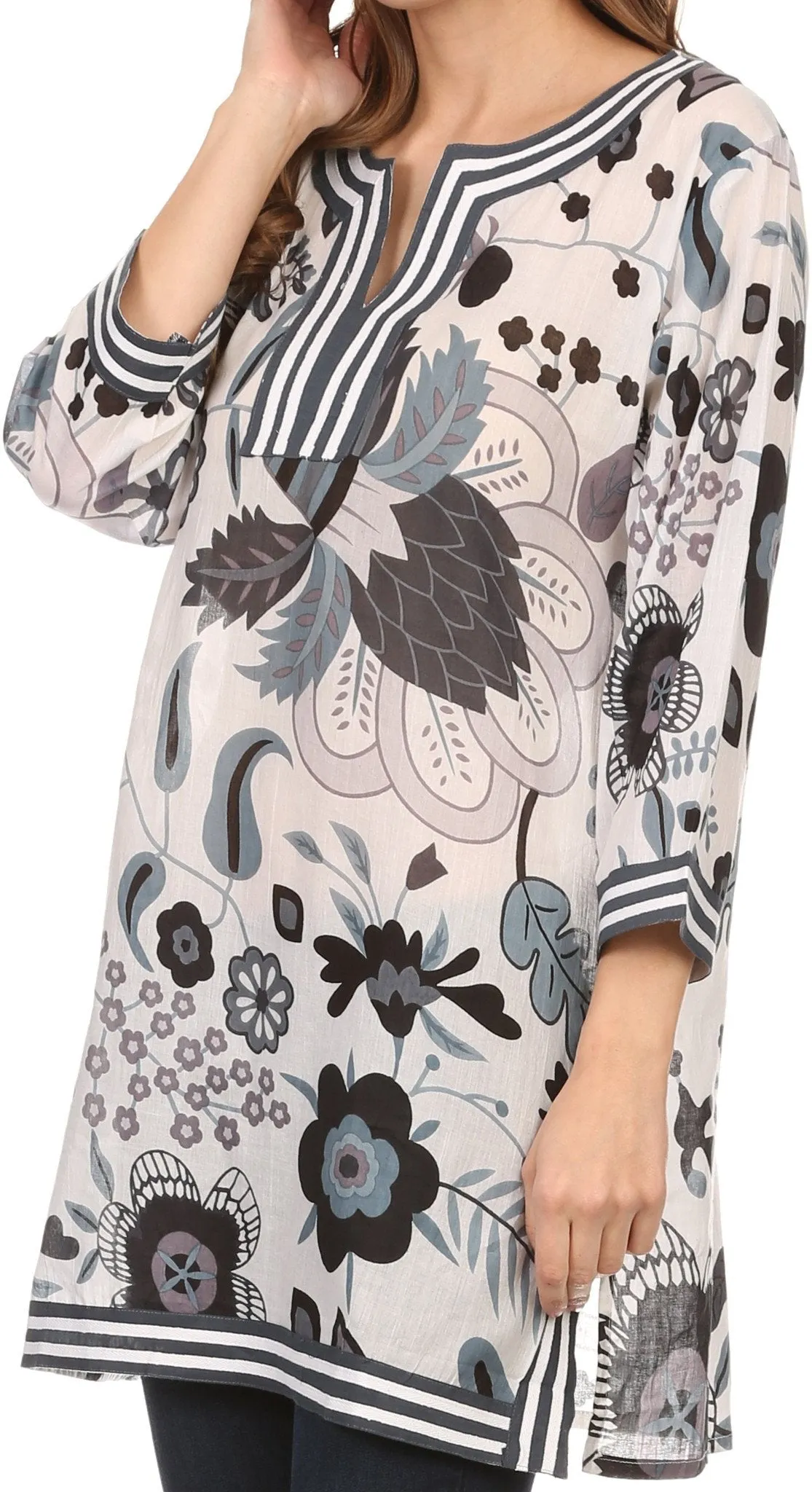 Sakkas Abril Long Sleeve Cotton Tunic Blouse Top With Printed Floral Pattern
