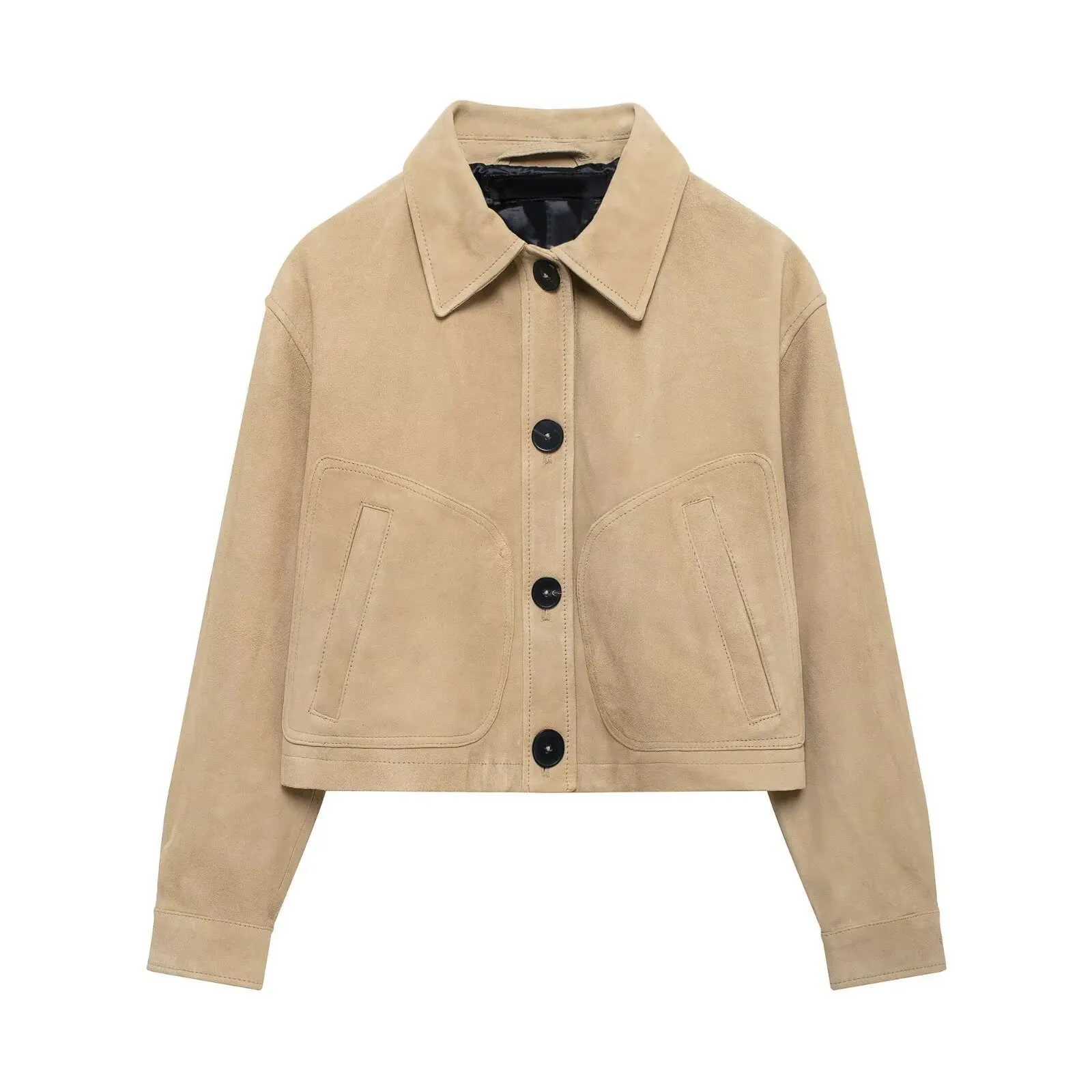 TAVIMART  -  Autumn New Solid Suede Cropped Jacket Women Long Sleeve Single Breasted Short Outerwear Casual Vintage Pocket Jackets Lady