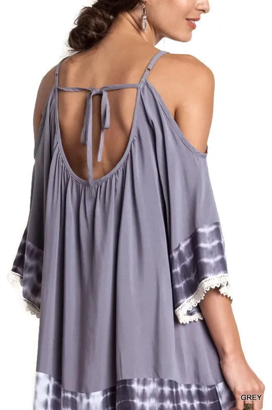Tie Dye Cold Shoulder Tunic Dress, Grey