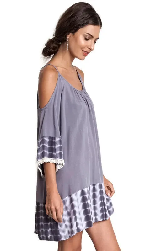 Tie Dye Cold Shoulder Tunic Dress, Grey