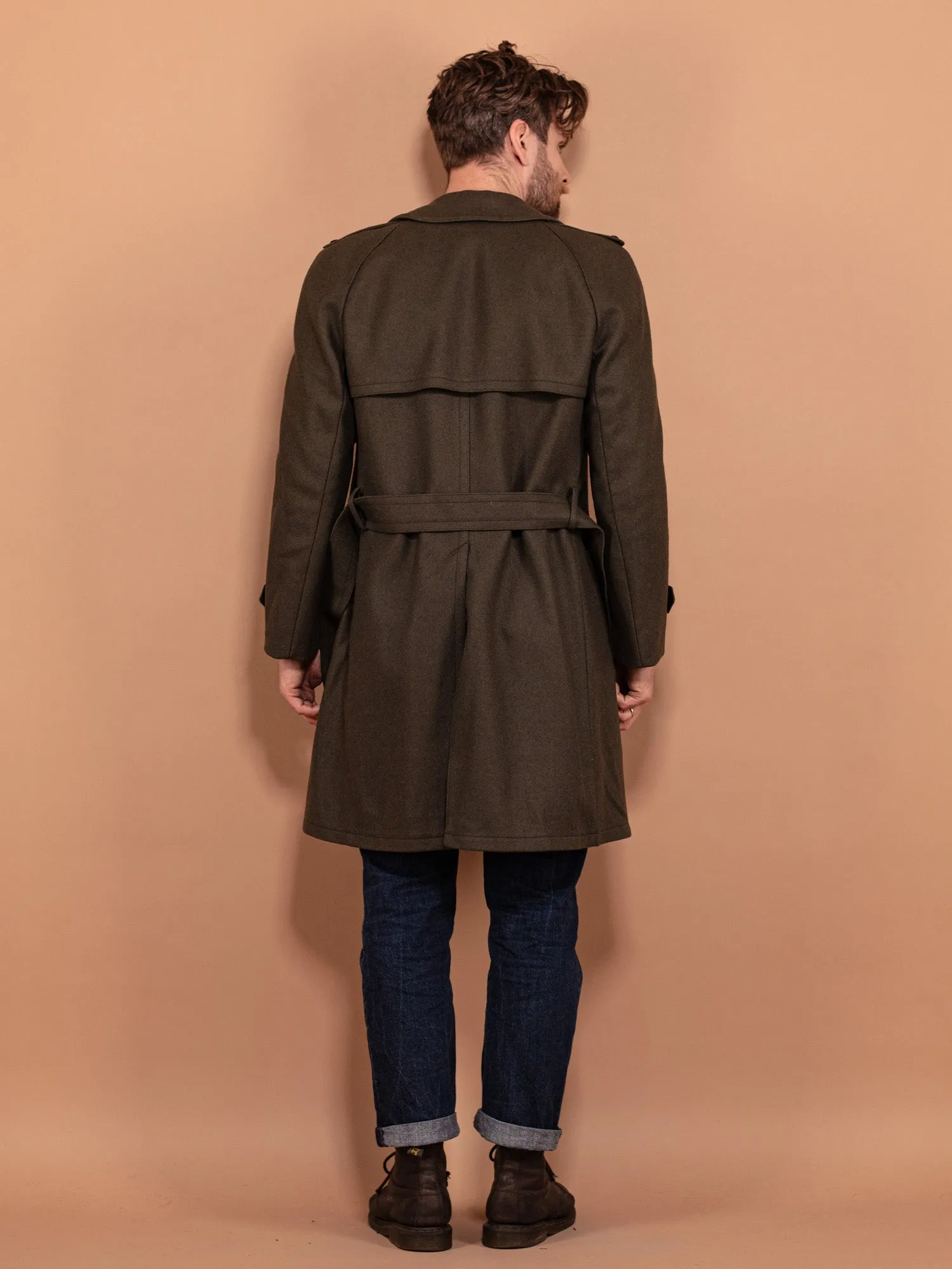 Vintage 70's Men Belted Wool Coat in Green