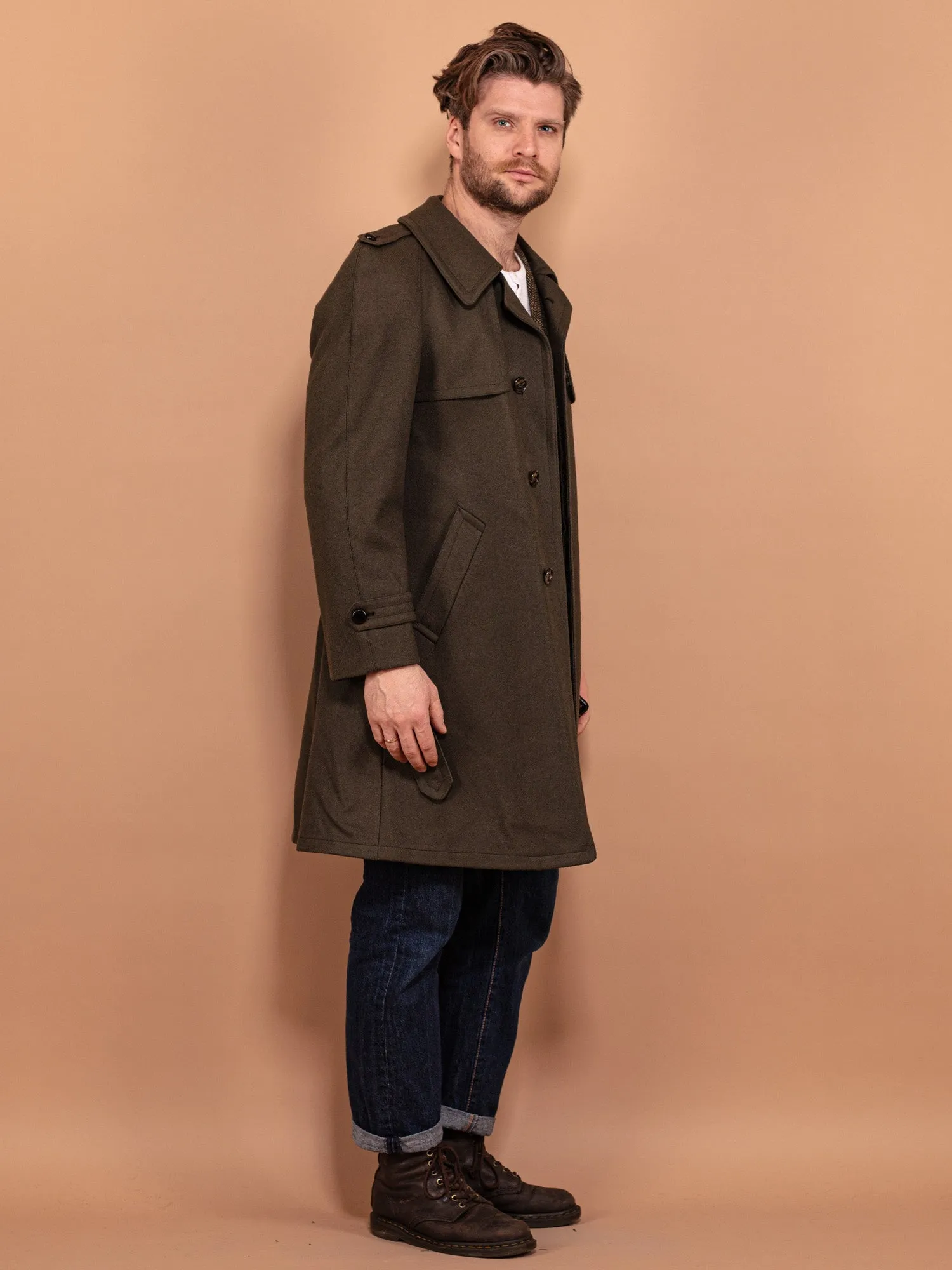 Vintage 70's Men Belted Wool Coat in Green