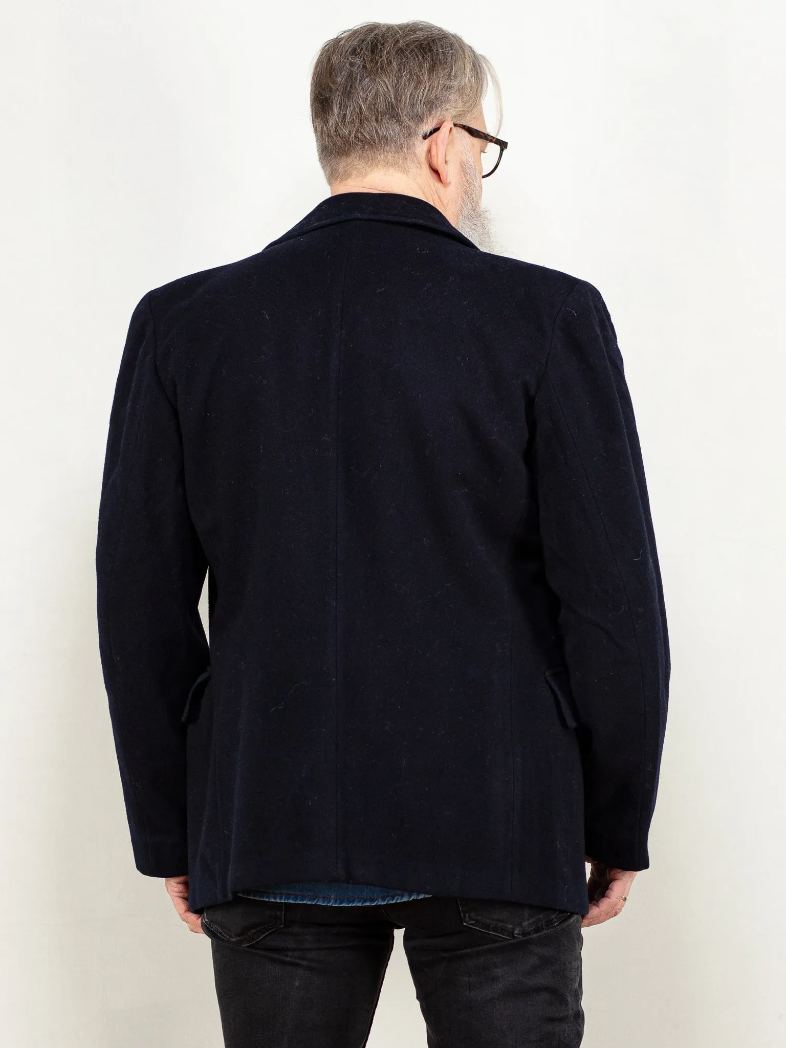 Vintage 70's Men Wool Blend Peacoat in Navy Blue