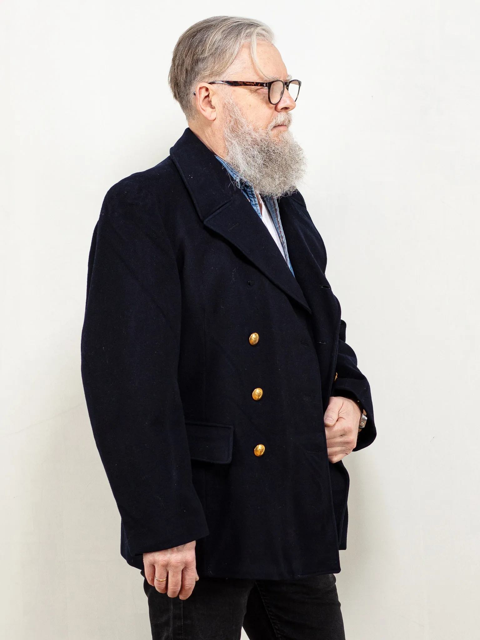 Vintage 70's Men Wool Blend Peacoat in Navy Blue