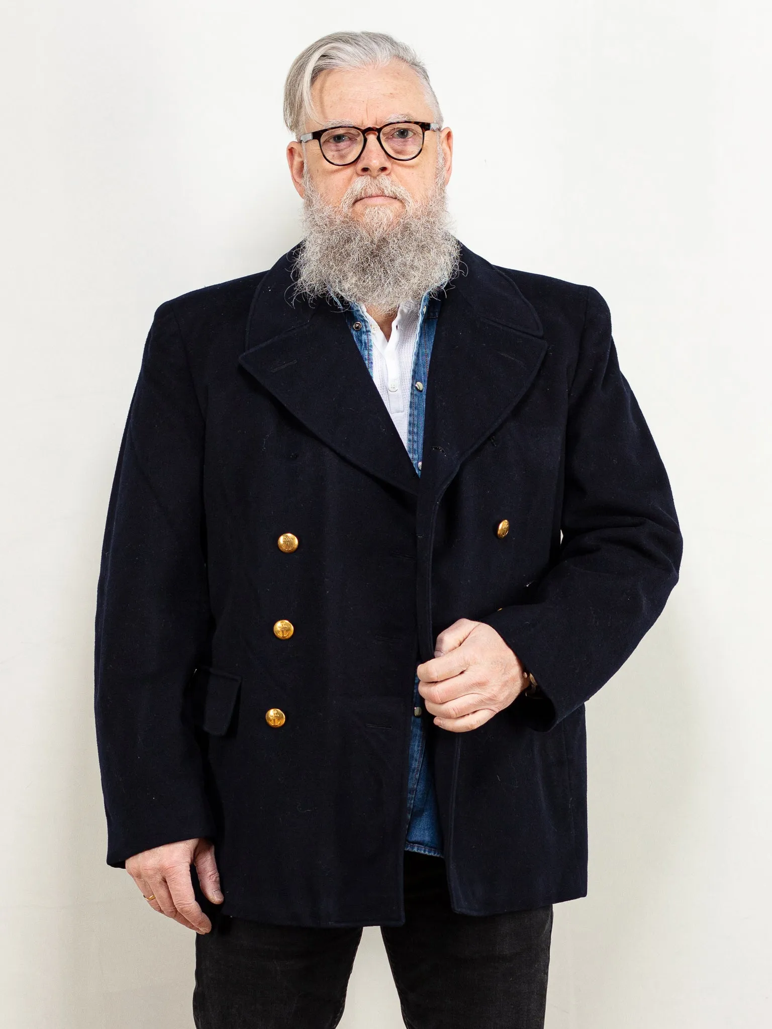 Vintage 70's Men Wool Blend Peacoat in Navy Blue