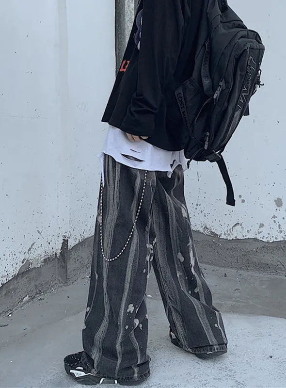 Vintage Tie Dye Women Denim Pants High Waist Asymmetrical Loose Straight Jeans Pant