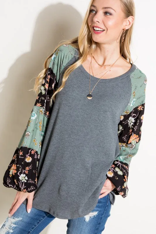 Waffle Knit Woven Floral Bubble Sleeve Top