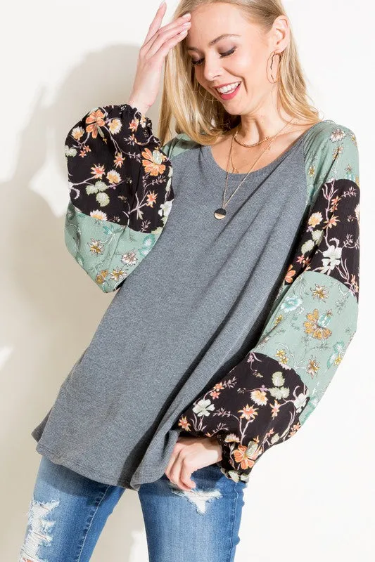 Waffle Knit Woven Floral Bubble Sleeve Top