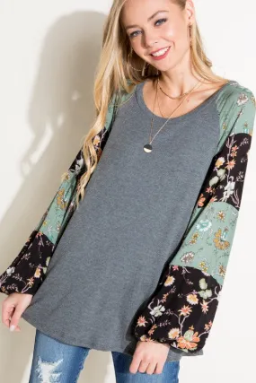 Waffle Knit Woven Floral Bubble Sleeve Top
