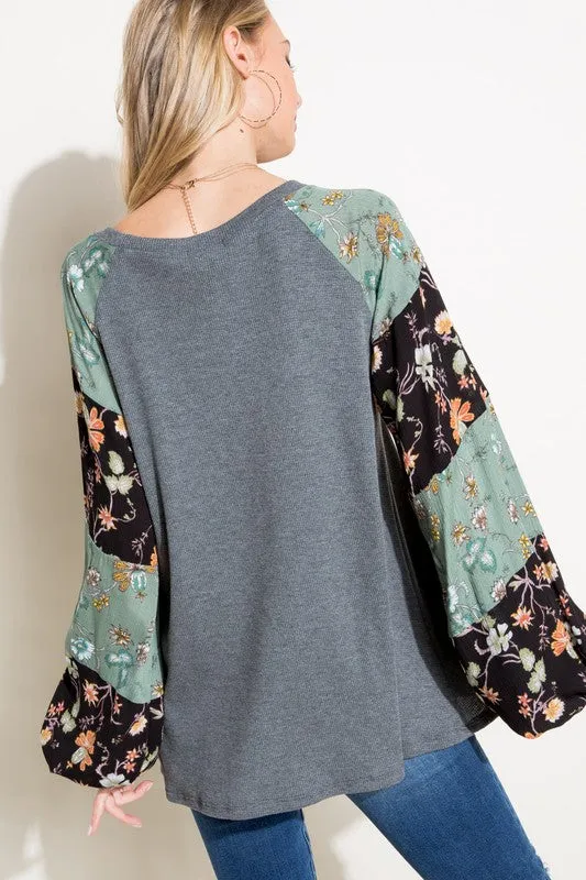 Waffle Knit Woven Floral Bubble Sleeve Top