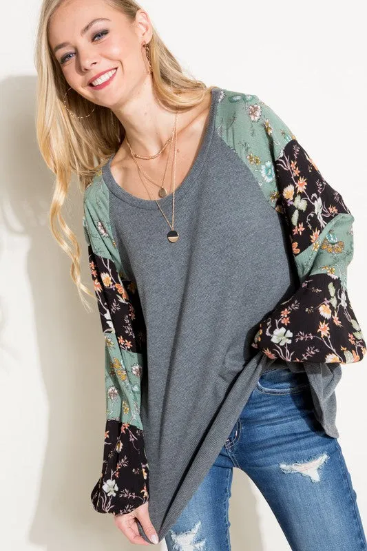 Waffle Knit Woven Floral Bubble Sleeve Top