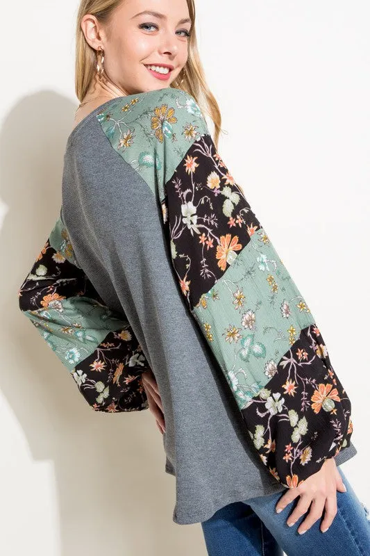 Waffle Knit Woven Floral Bubble Sleeve Top