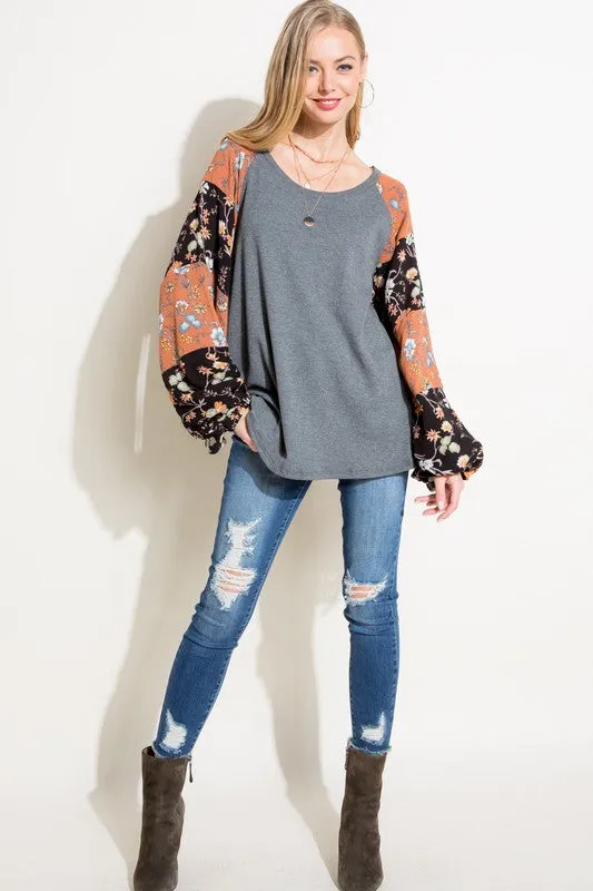 Waffle Knit Woven Floral Bubble Sleeve Top