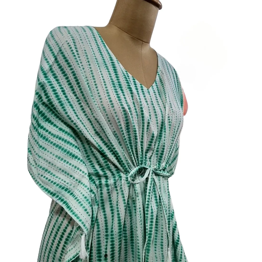White Green Tie Dye Print Cotton Kaftan