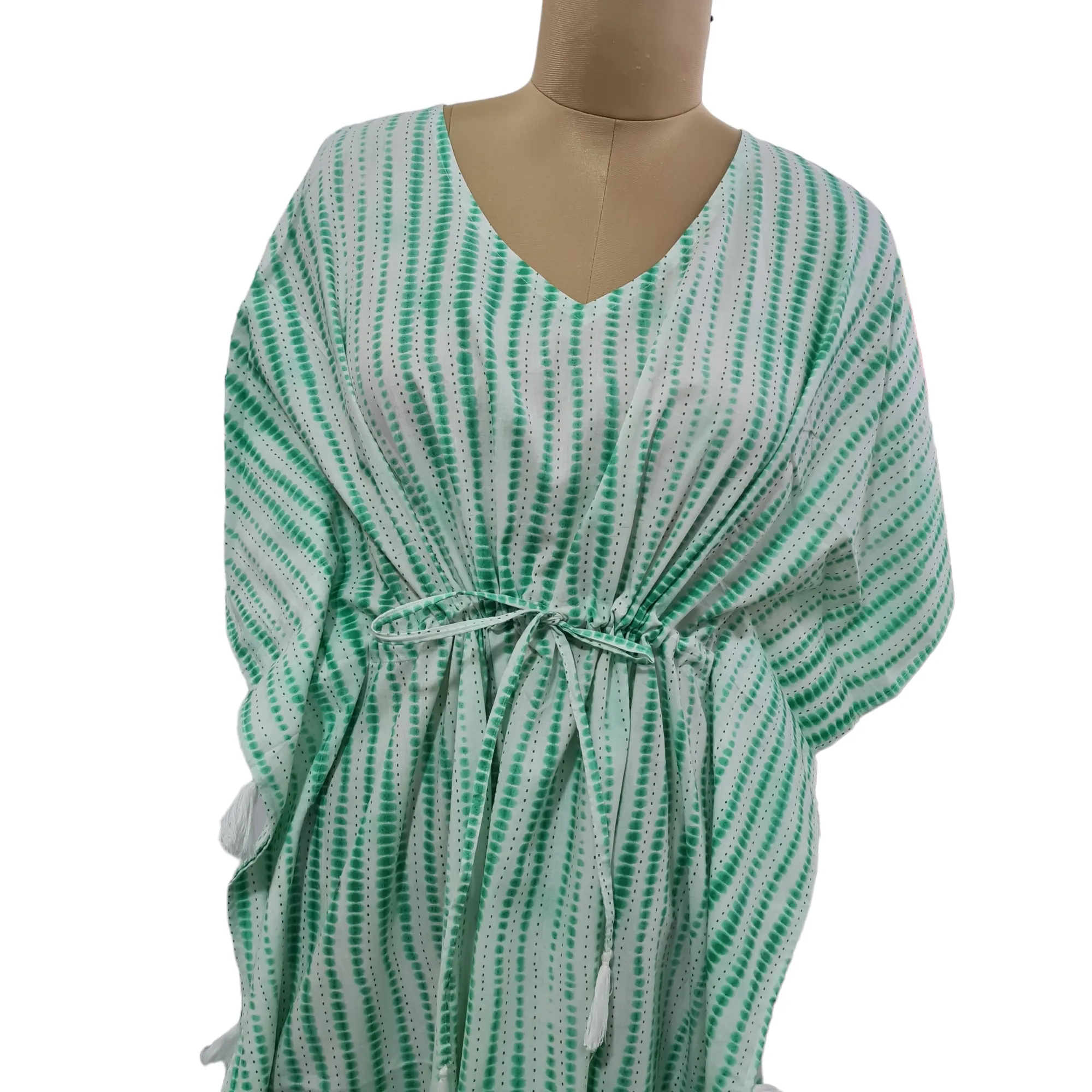 White Green Tie Dye Print Cotton Kaftan