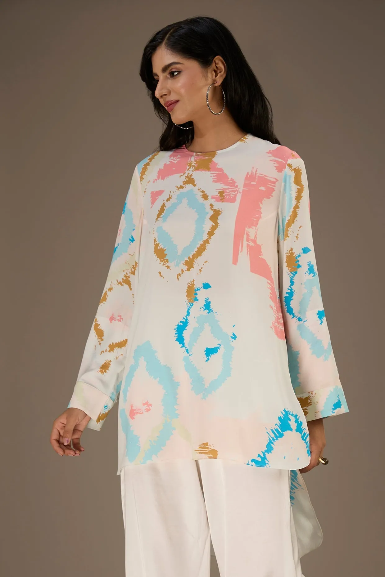 White Printed Rolled Up Sleeves High-Low Tunic