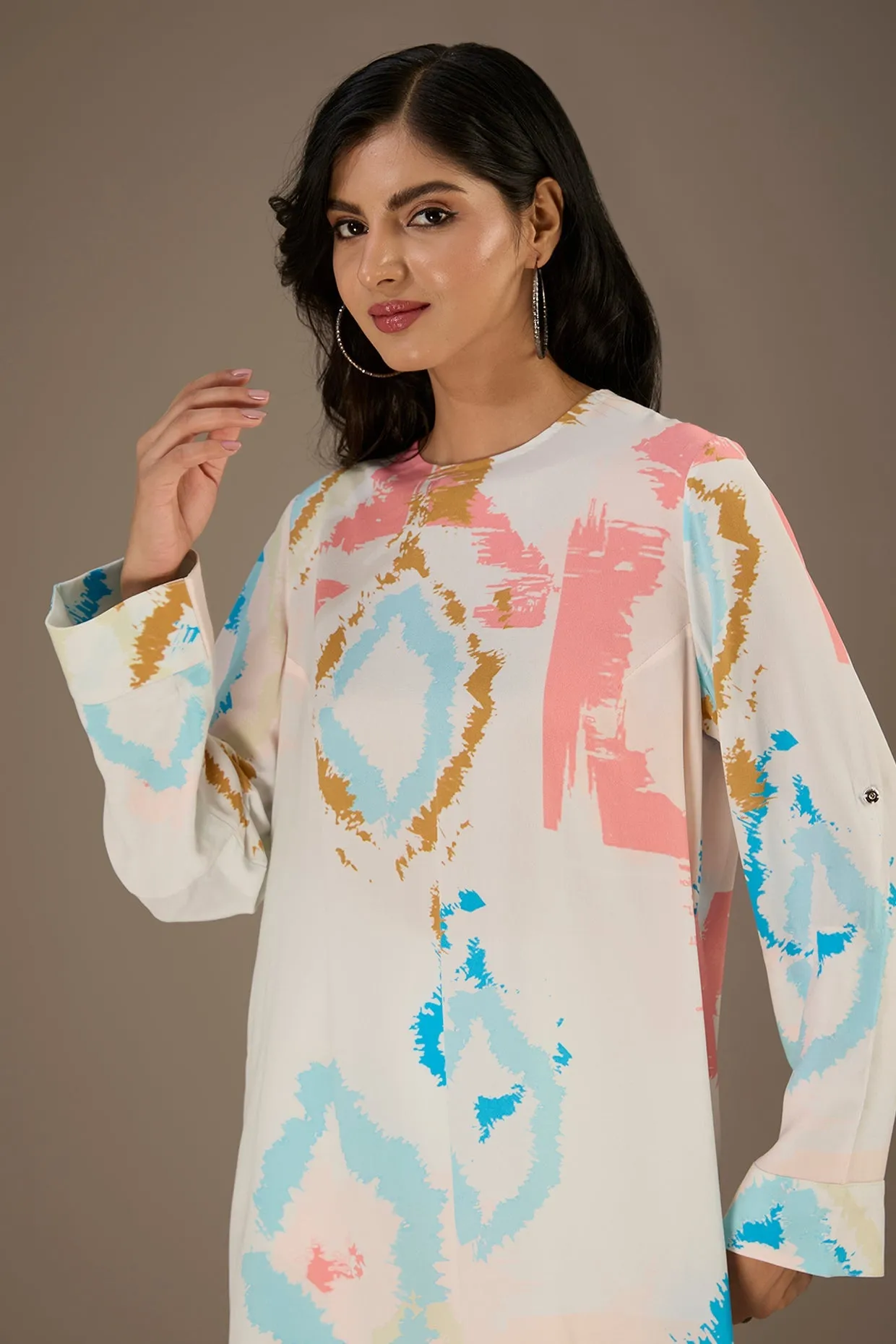 White Printed Rolled Up Sleeves High-Low Tunic