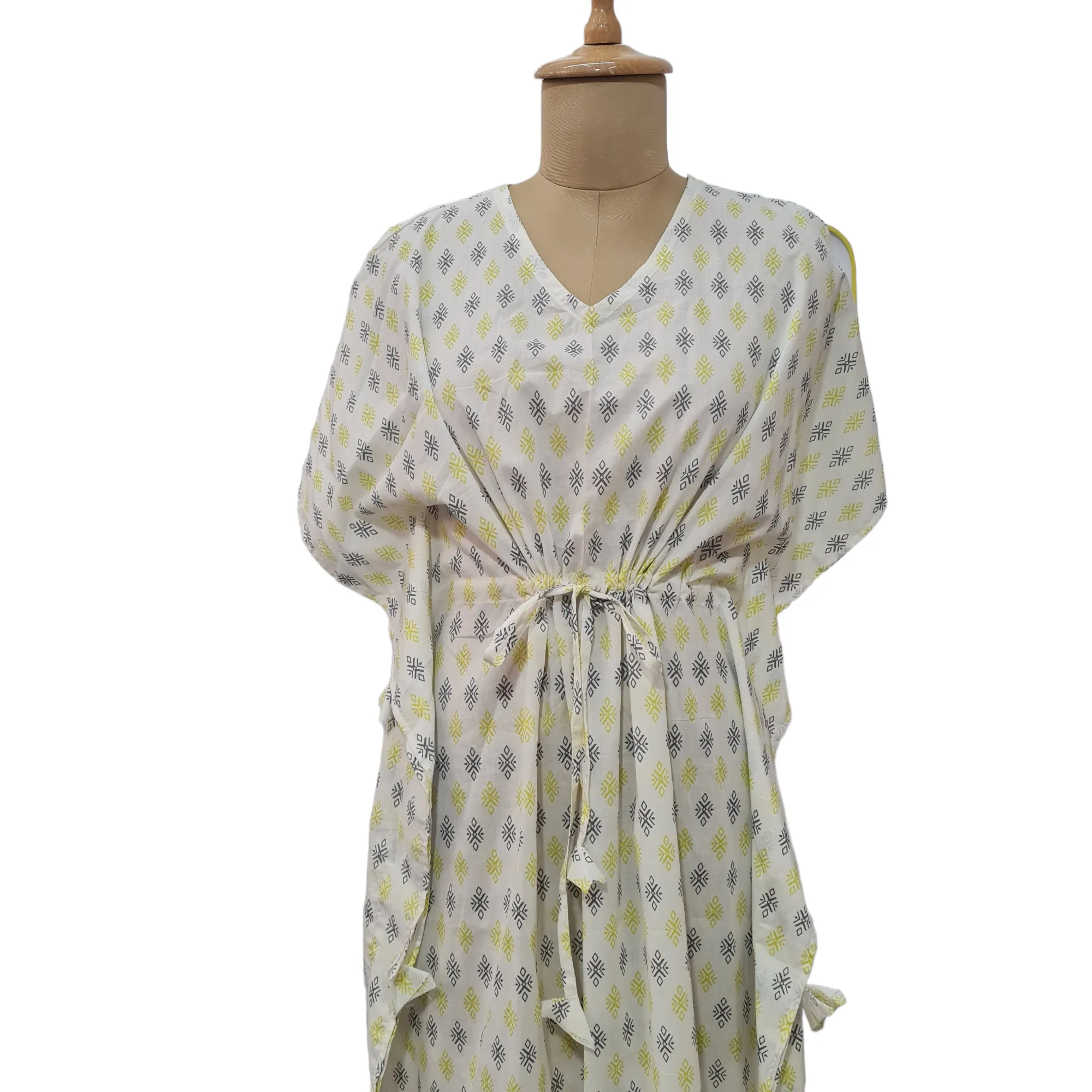 White With Black Green Geometerical Print Cotton Kaftan