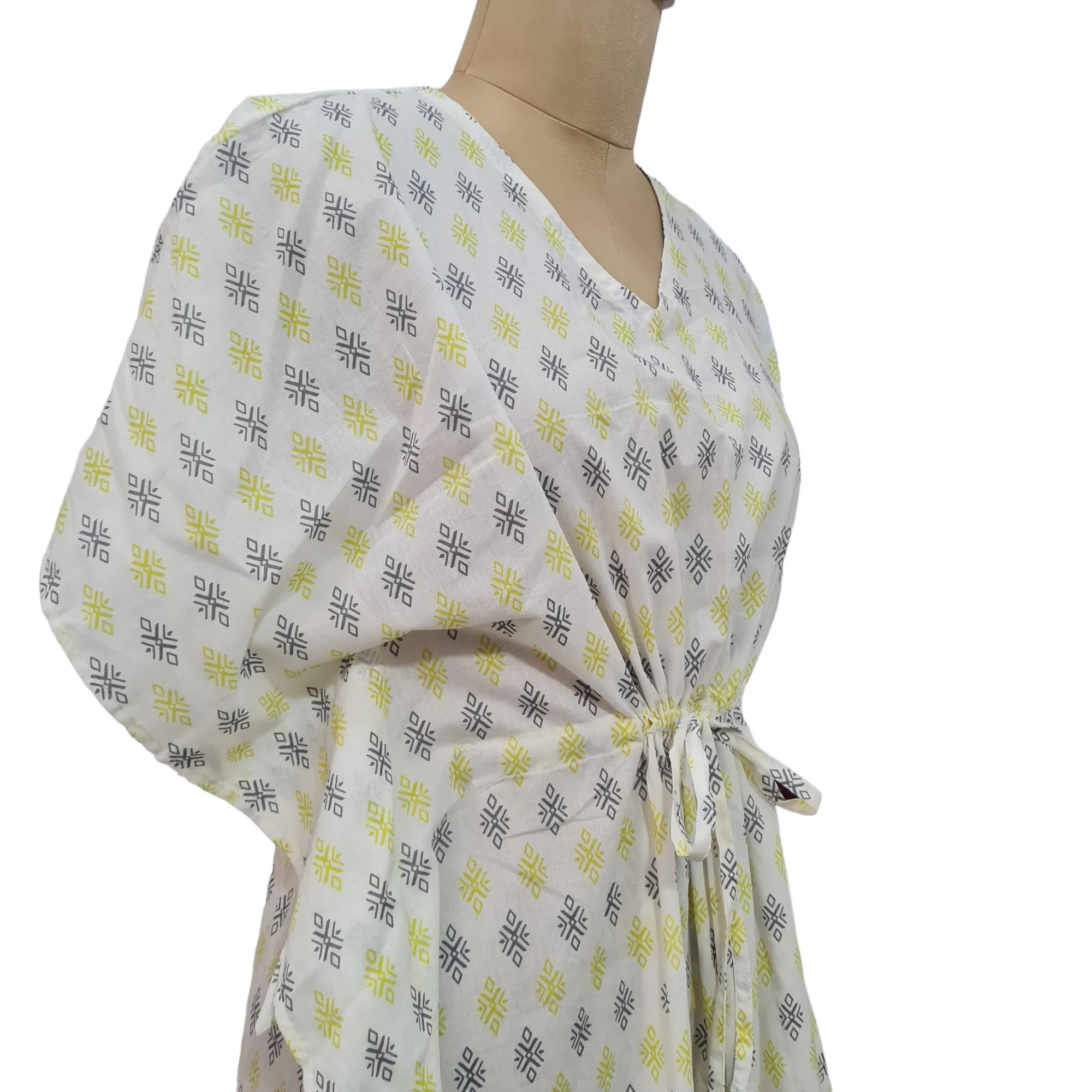 White With Black Green Geometerical Print Cotton Kaftan